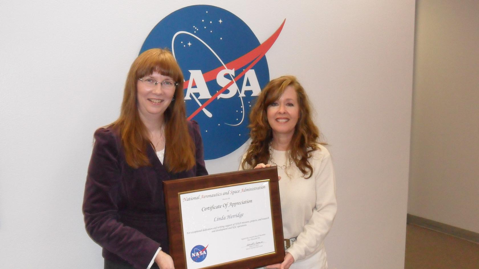 FPRA Member Linda Herridge receives NASA Certificate of Appreciation